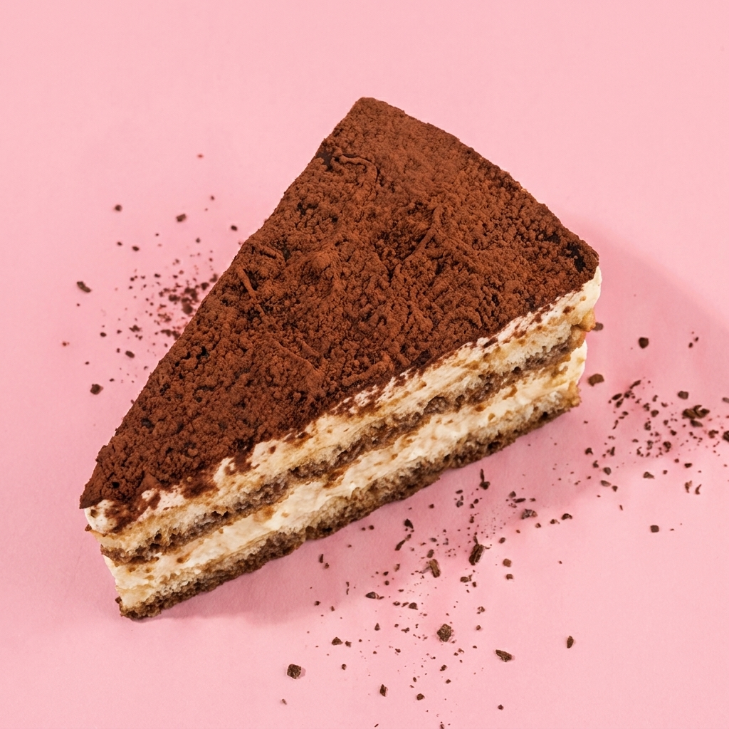 A cocoa-dusted slice of tiramisu on a pink background