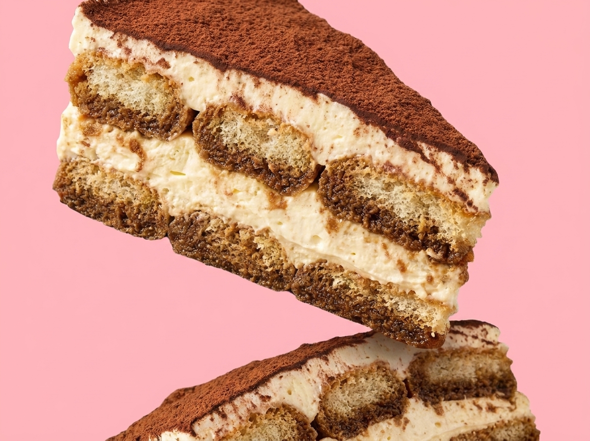 Close-up of cocoa, cream and biscuit layers