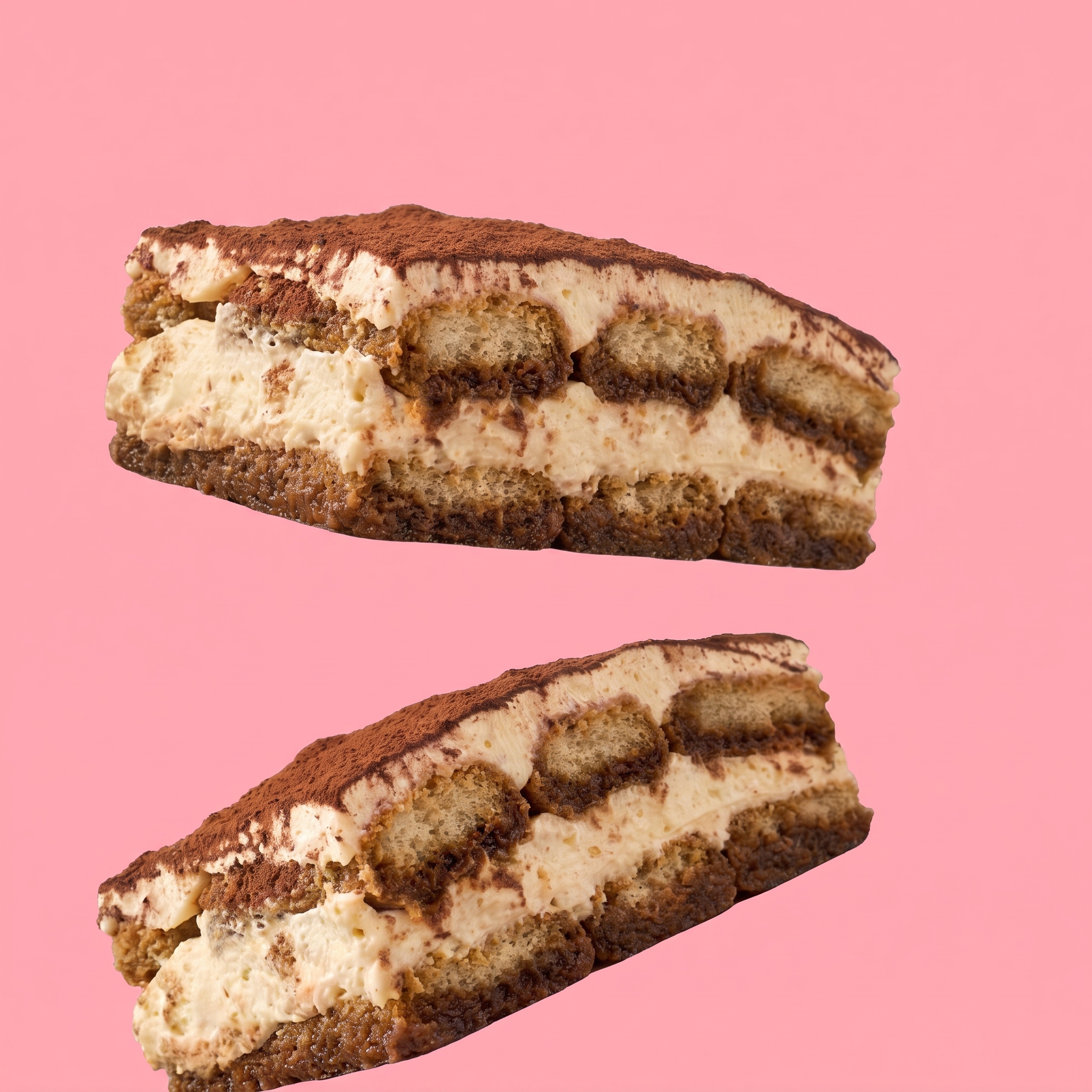 Two slices showing the creamy tiramisu layers