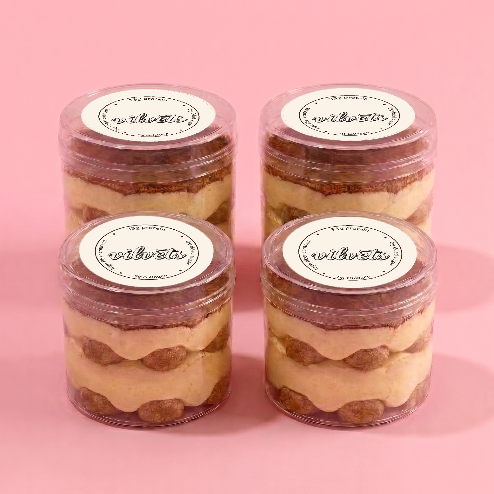 Four sealed Vilvets tiramisu cups
