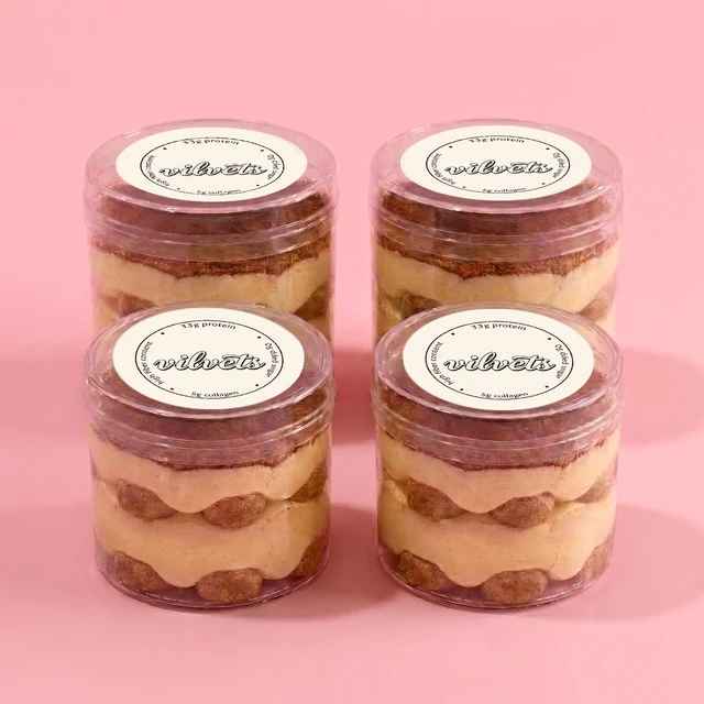 Four sealed Vilvets tiramisu cups