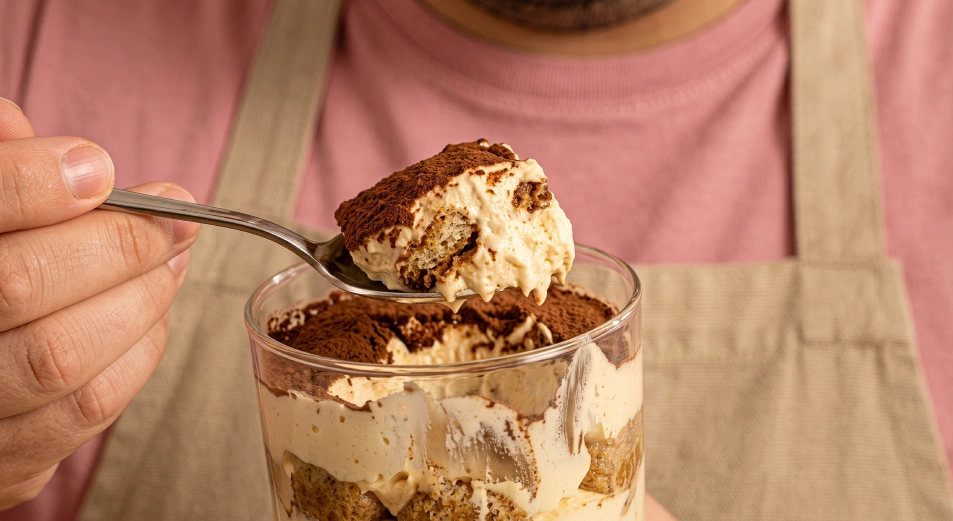 A spoonful of creamy tiramisu, fresh from the cup
