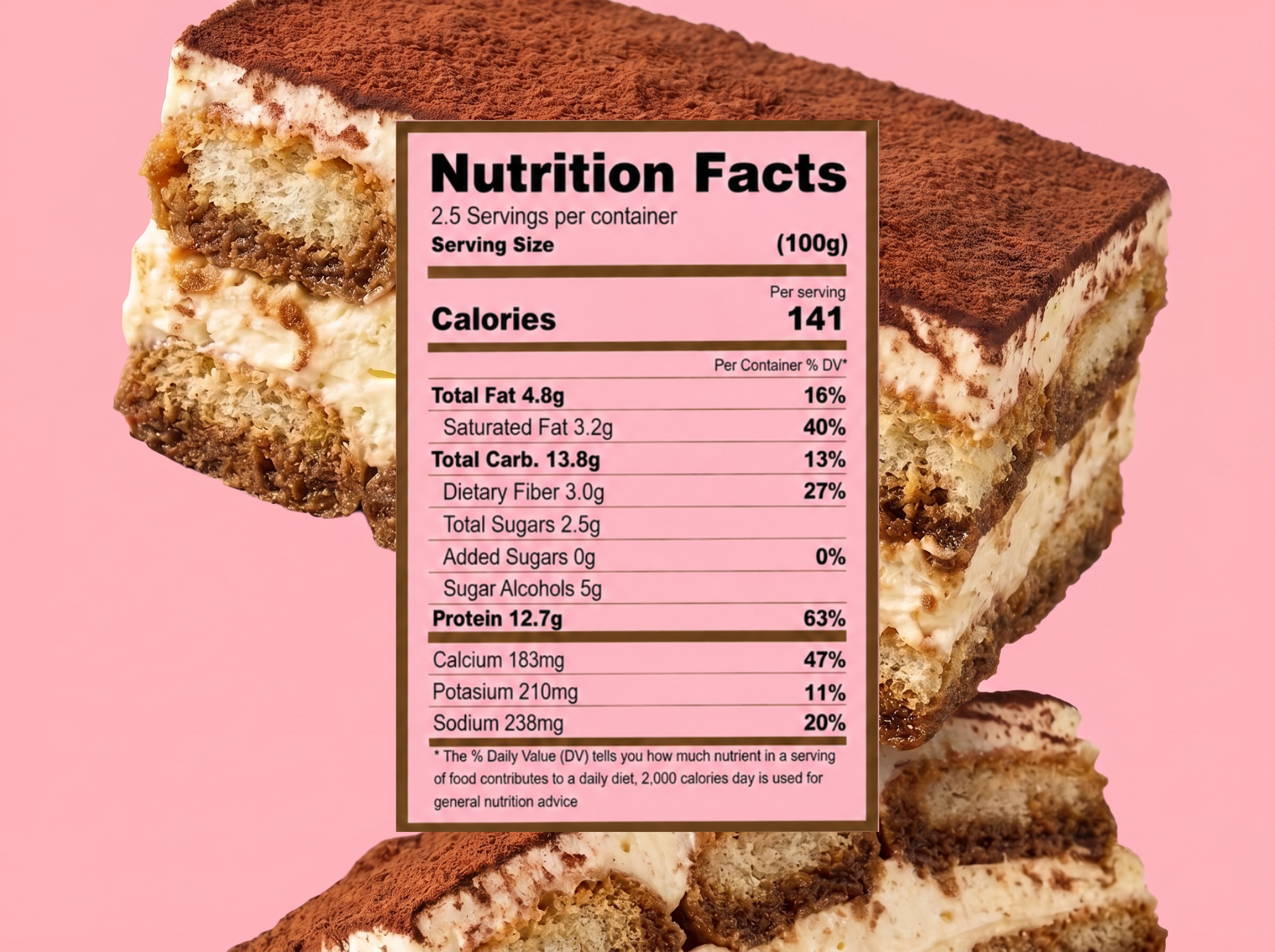Tiramisu with its supplied nutrition label
