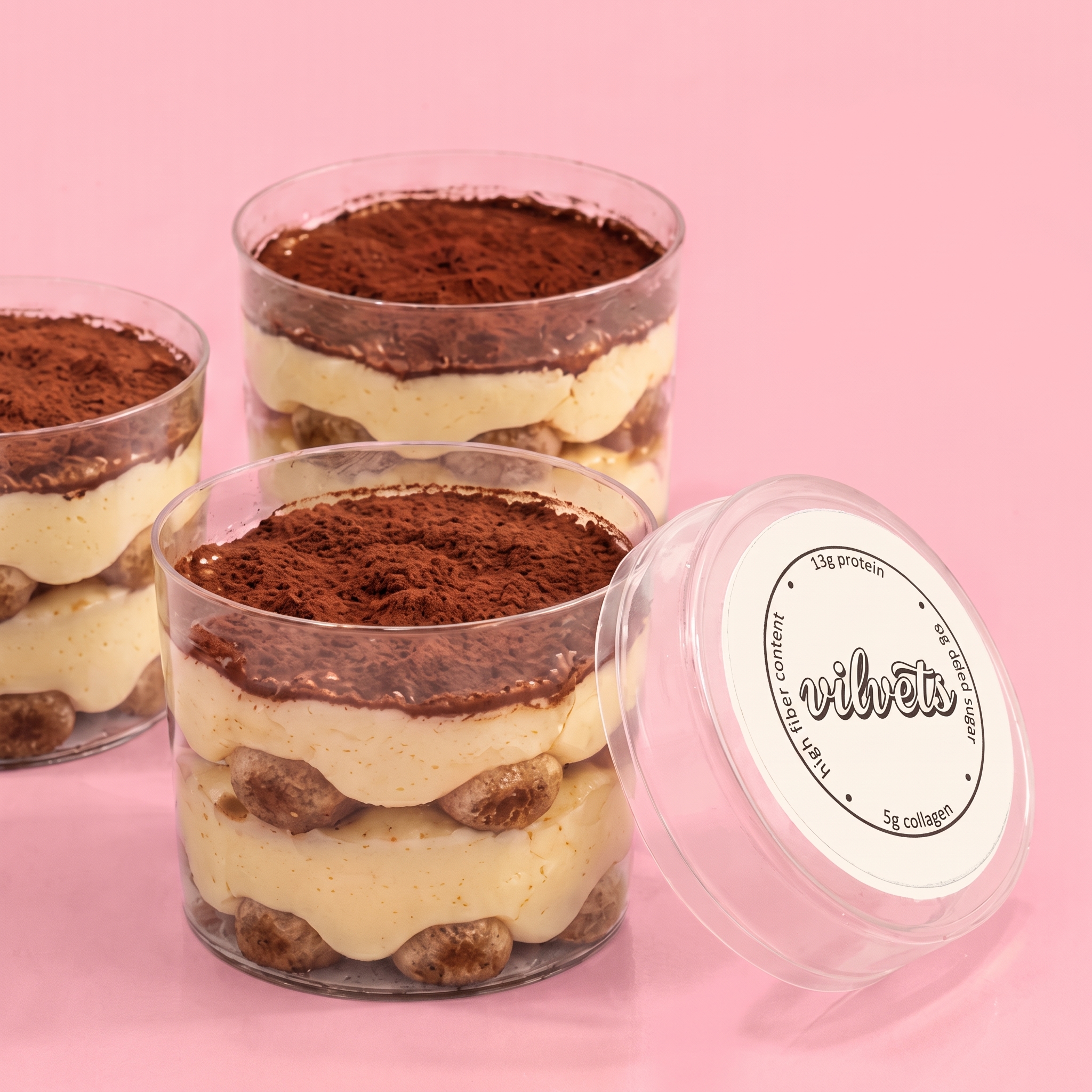 Fresh Vilvets tiramisu cups with a branded lid
